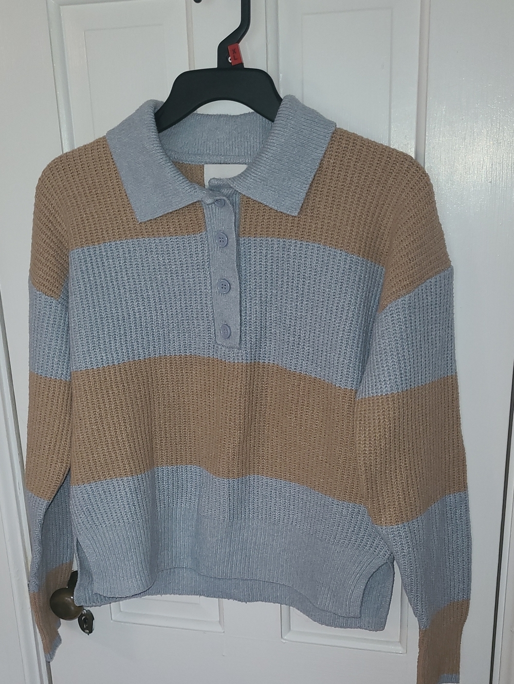 Striped Polo Knit Sweater - Light Blue & Camel With button Placket, Small